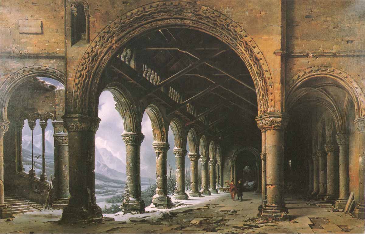 The Effect of Fog and Snow Seen through a Ruined Gothic Colonnade